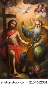 VALENCIA, SPAIN - FEBRUAR 17, 2022: The Painting Of Holy Trinity In The Church Iglesia De Nuestra Señora De Monteolivete By Unknown Artist.