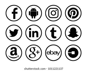 Valencia, Spain - January 11, 2018: Collection of popular social media logos printed on paper: Facebook, Android, Twitter, Tumblr, Instagram, Amazon, Pinterest, LinkedIn, Snapchat, Ebay, Google Plus.