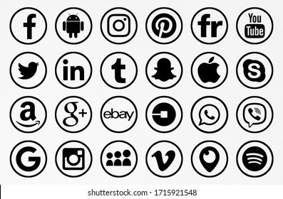 Valencia, Spain - January 11, 2018: Facebook,  Twitter,Pinterest,Flickr,YouTube,Snapchat,Apple,Skype,Uber,WhatsApp,Viber,Google,Vimeo,Periscope, Tumblr, Instagram, Amazon, Linkedin  printed on paper.
