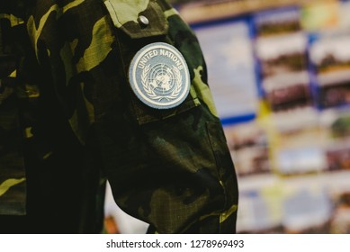 Valencia, Spain - January 4, 2019: Soldier Costume With Detail Of The UN Badge During A Military Show.