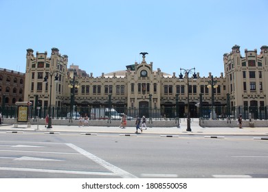 Valencia, Spain – July 1, 2020: Facade Of Estació Del Nord. It Is A Train Terminal Station Of A Monumental Character And Valencian Modernist Style Inaugurated In 1917. 