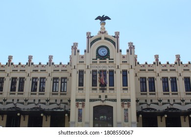 Valencia, Spain – July 1, 2020: Facade Of Estació Del Nord. It Is A Train Terminal Station Of A Monumental Character And Valencian Modernist Style Inaugurated In 1917. 