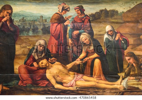 VALENCIA, SPAIN - JULY 20, 2016: Biblical Scene Painting Of Jesus Crucifixion In Metropolitan Cathedral ??Basilica of the Assumption of Our Lady of Valencia (Saint Mary's Cathedral).