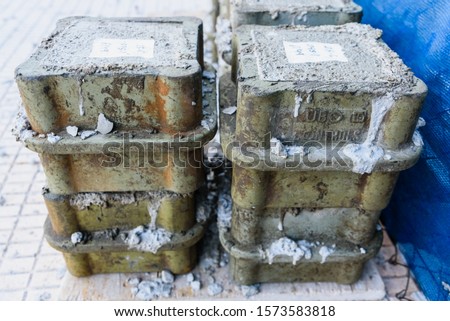 Valencia, Spain - July 3, 2019: Cement samples used in the construction of a building, for further study in case of accident.