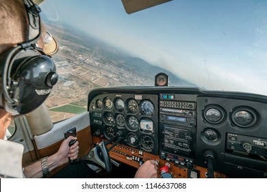 Valencia Spain- June 20, 2018: Pilot Flying Light Aircraft.