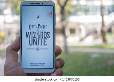 Valencia, Spain; June 25 2019: 
Wallpaper Of The Video Game Harry Potter Wizards Unite, Harry Potter Wizards Unite Is The New Game Of Niantic (Creators Of Pokemon Go) For Android And IOS Smartphones