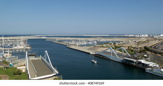 Valencia, Spain - June 27, 2015: Panorama of Port of Valencia (Bridge Mobile is part of Valencia Urban Circuit)