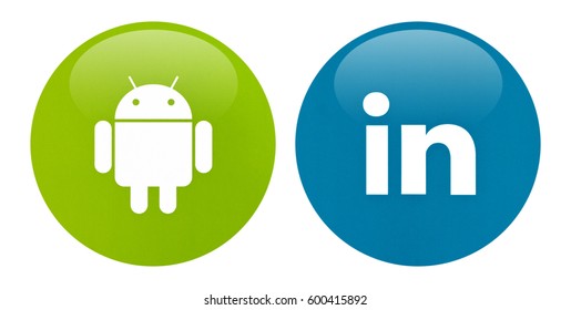  Valencia, Spain - March 13, 2017: Android icon and Linkedin icon printed on white paper