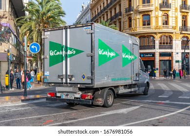 Valencia, Spain- March 19, 2020: El Corte Ingles Department Store Delivery Truck. Delivery At Home Service In Valencia. Food And Grocery Delivery During Pandemic.