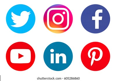 Valencia, Spain - March 20, 2017: Collection of popular social media logos printed on paper: Facebook, Instagram, Twitter, Pinterest, Youtube, Linkedin.