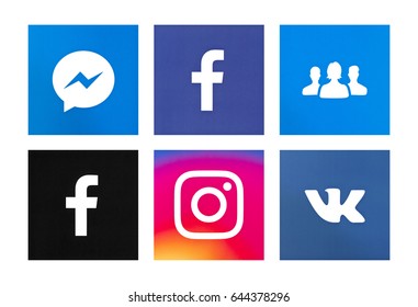 Valencia, Spain - May 16, 2017: Collection of popular social media logos printed on paper: Facebook, Instagram, Facebook Groups; VK,  Messenger.