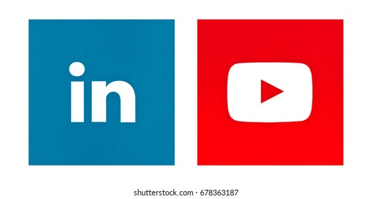 Valencia, Spain - May 16, 2017: Linkedin  icon and Youtube icon printed on white paper.