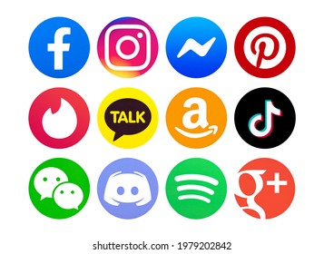 Valencia, Spain - May 24, 2021: Collection of popular social media logos printed on paper:Facebook, Instagram, Messenger, Pinterest, Tinder, Kakaotalk, Amazon, TikTok,WeChat, Discord, Spotify, Google 