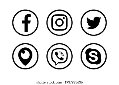 Valencia, Spain - October 10, 2018: Collection of popular social media logos printed on paper: Facebook, Instagram, Twitter, Periscope, Viber, Skype.