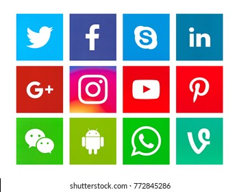Valencia, Spain - October 31, 2017: Collection of popular social media logos printed on paper: Instagram, Facebook, Twitter, Skype, YouTube, Google Plus, LinkedIn, Pinterest, WeChat, Android, WhatsApp