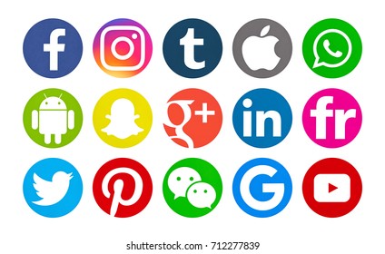Valencia, Spain - September 03, 2017: Collection of popular social media logos printed on paper: Facebook,Flickr, Pinterest,Tumblr, Instagram, Linkedin, Android,Twitter, Google,WhatsApp,Snapchat,Apple
