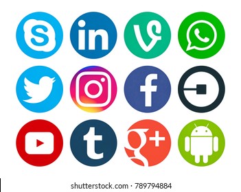 Valencia, Spain - September 03, 2017: Collection of popular social media logos printed on paper: Facebook, Android, Twitter, Uber, Tumblr, Instagram, YouTube, Linkedin, WhatsApp, Flickr, Google Plus.