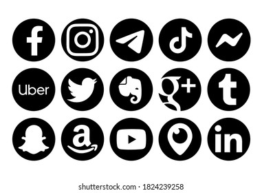 Valencia, Spain - September 13, 2020: Collection of popular social media logos printed on paper: Facebook, Instagram, Telegram, TikTok, Evernote, Tumblr,Amazon,Periscope,LInkedin,YouTube,Messenger.