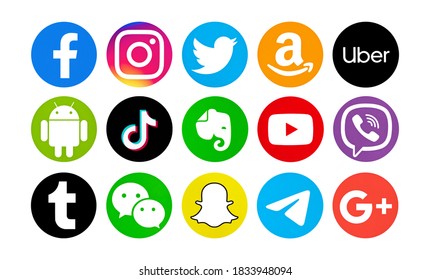Valencia, Spain - September 13, 2020: Collection logos: Facebook, Instagram, Twitter,Telegram, TikTok, Uber,YouTube, Evernote, Amazon,Snapchat,Android,Viber,Tumblr,WeChat,Google Plus, printed on paper