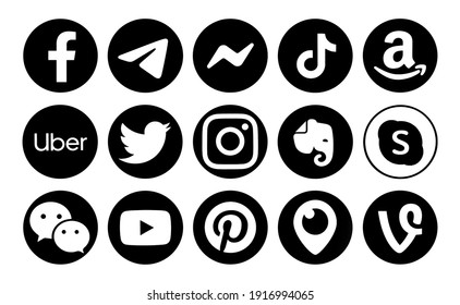 Valencia, Spain - September 13, 2020: Social media logos printed on paper: Facebook, Instagram, Telegram, TikTok, Evernote,  YouTube, Messenger,Twitter,WeChat, Pinterest, Periscope, Uber,Amazon, Skype