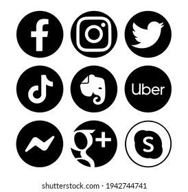 Valencia, Spain - September 13, 2020: Collection of popular social media logos printed on paper: Facebook, Instagram, Twitter, TikTok, Evernote, Uber,  Messenger, Google Plus, Skype.