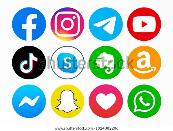 Valencia, Spain - September 13, 2020:\
Collection of popular social media logos printed on paper:\
Facebook, Instagram, Telegram, TikTok, Skype, YouTube, Evernote,\
Amazon, Messenger,\
Snapchat.
