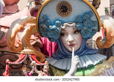 Valencia, Spain. September 5, 2021. Beautiful detail of monuments at the festival of fallas in Valencia, Spain.