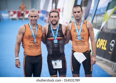 VALENCIA, SPAIN - SEPTEMBER 6: Alberto Romero, Fernando Martinez And Carlos Menchen During Valencia Triathlon 2015 At Port Of Valencia On September 6, 2015 In Valencia, Spain