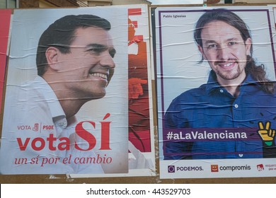 VALENCIA, SPAIN-JUNE 11, 2016: Political Campaign Poster Depicting Left Wing Presidential Candidates Pablo Iglesias And Pedro Sanchez