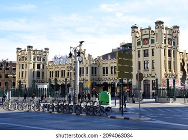 Valencian Central Train Station (Estació Del Nord) Of The City Of Valencia. Facade Building Of The North Railroad Station Of Modernist Style. December 16, 2021, Spain, Valencia.