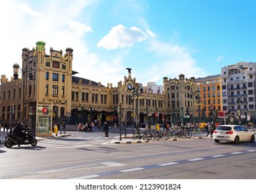 Valencian Central Train Station (Estació Del Nord) Of The City Of Valencia. Facade Building Of The North Railroad Station Of Modernist Style. December 16, 2021, Spain, Valencia.