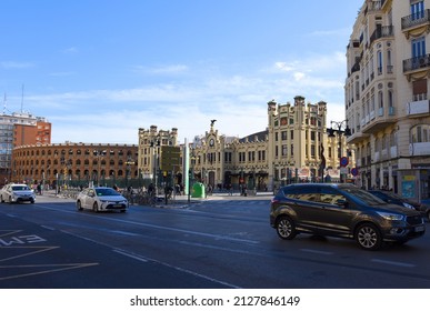 Valencian Central Train Station (Estació Del Nord). Facade Building Of North Railroad Station. Plaza De Toros. City Street, Cars Traffic, People And Buildings.  Dec 28, 2021, Spain, Valencia.