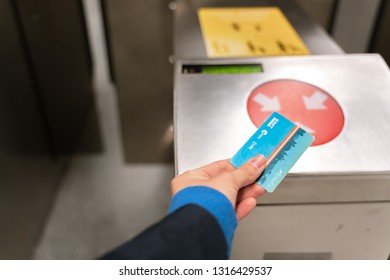 Valencia,Spain - February 18, 2019:  Subway Contactless Pass.  Valencia City. Metro Valencia. Swipe Metro Card And To Through The Gates.