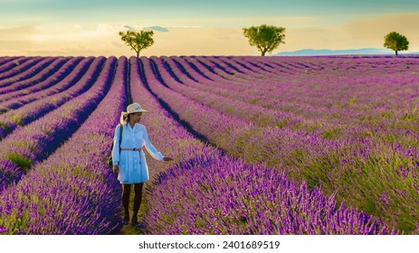 Valensole Provence France, a colorful field of Lavender in bloom Provence Southern France women on vacation at the Provence Southern France walking in a lavender field - Powered by Shutterstock