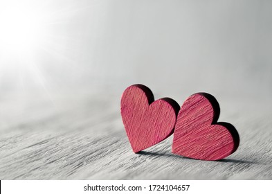 Valentine Background With Handmade Hearts On Rustic Wood. Happy Lovers Day Card Mockup, Copy Space.