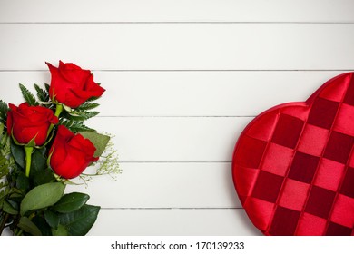 Valentine Background: Red Roses And Candy Box