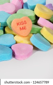 Valentine candy hearts with "Kiss Me" saying