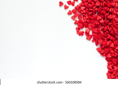 Valentine day background with red hearts, top view - Shutterstock ID 560108584