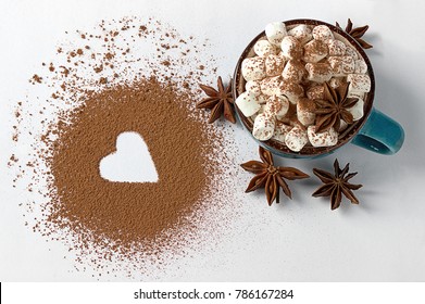 Valentine Day Backround Marshmellow, Blue Cup Coffee Cocoa Powder Star Anis