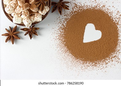 Valentine Day Backround Marshmellow, Blue Cup Coffee Cocoa Powder Star Anis