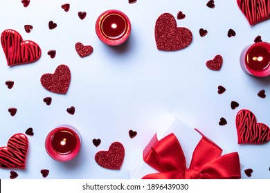 Valentine Day Composition: Red Love Hearts, Romantic Gift Box, Candle On White Background. February Romance Present Card. Top View. View From Above