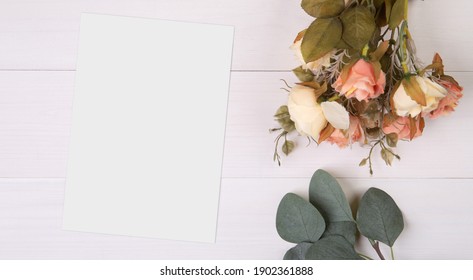 Valentine Day, Greeting Card Mockup And Flower On Wooden Table, Postcard Blank And Letter With Romance On Desk, Present And Paper In Anniversary And Celebration, Top View, Nobody, Holiday Concept.