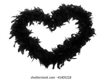 Valentine' Fluffy Black Heart Made Of Boa (feather Scarf) Isolated On White. Emo Style Object.