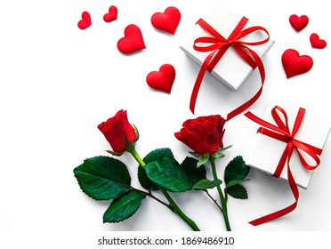 Valentine Gift Box And Red Roses Bouquet On A White Background