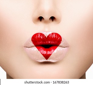 Valentine Heart Kiss On The Lips. Makeup. Beauty Sexy Lips With Heart Shape Paint. Valentines Day. Beautiful Love Make-up