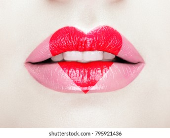 Valentine Heart Kiss On The Lips. Makeup. Beauty Sexy Lips With Heart Shape Paint. Valentines Day. Beautiful Love Make-up