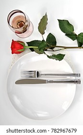 Valentine Roses Knife And Fork On Table Top With Plate And Knife And Fork No People Stock Photo