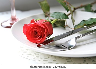 Valentine Roses Knife And Fork And Plate No People Stock Photo