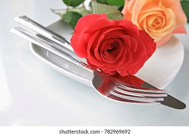 Valentine Roses Knife And Fork And Plate No People Stock Photo