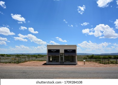 Valentine, Texas, United States of America - May 22, 2015. Prada Marfa permanent installation in the form of a freestanding buildingâ€”specifically a Prada storefront, near Valentine, TX.